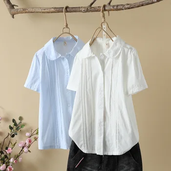 100% Bombaž vrhovi za ženske 2024 poletje Japonskem slogu sladko peter pan ovratnik belo modra solid majica & bluzo mladi bluze za ženske