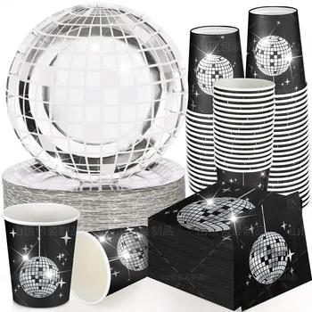 10Guests Laser Silver Disco Krogla Temo Razpoložljivi Namizna Disco Party Plošče Skodelice Plenice Vesel, Disco Rojstni dan Stranka Dekor