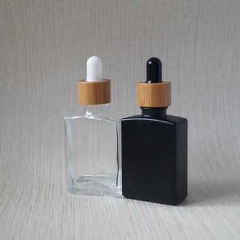 200pcs 30ml črni mat pravokotnika/kvadrata stekleno kapalko steklenice za brado olje z bambusa pokrov 1 oz jasno bambusa kapalko steklenico