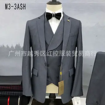 2022 Formalnih Obleke, za Moške korejski Stil Modni Spektakel River Suknjič Dvojno Zapenjanje Telovnik Hlače 3 Kosov Poroko Tuxedos za Moške