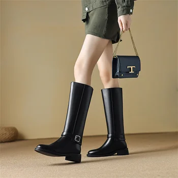 2023 Jeseni/Pozimi Moda za Ženske je Visok Ravno Krog Toe Splice kovinski Tele boot Seksi sukanca za Šivanje