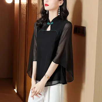2023 Kitajski Slog Izboljšano Cheongsam Vrh Ovratnik Ženske Šifon Bluzo Eleganten Casual Dnevno Votlih Iz Izboljšano Black Qipao Vrh