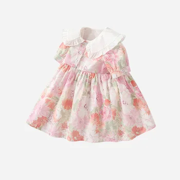 2023 Poletje Baby Dekleta Oblačenja Bombaža, Kratek Rokav Cvetlični Opremljena Pasu Malčka Dekleta Obleko Peter Pan Ovratnik Otroci, Dekleta Obleke