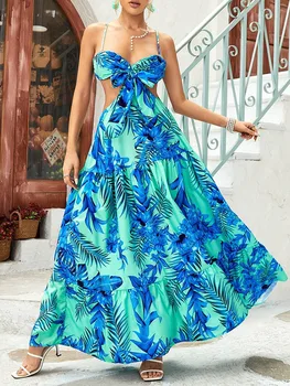 2023 Poletne Obleke za Ženske Izrezanka Vezani Podrobno Tropskih Tiskanja Cami Maxi Obleko Vestidos De Mujer Priložnostne Eleganten Plašč Ženski
