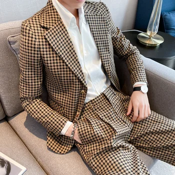 2024 Pomlad Novo Obleko Moške Trend Kariran korejska Različica Britanske Slim Moda Priložnostne Lep Eno Jakno za Moške, s