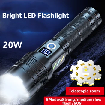 20W Svetlo Moč Zaslon LED Svetilka USB Polnilne Teleskopsko Zoom Baklo 5 Načini Avanturo na Prostem Dolgo Vrsto Reflektorji