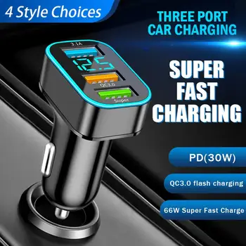 3 USB Avto Polnilec Lažji Hitro Polnjenje QC3.0 za Huawei LED PD Tip C Telefona Polnilnik za iPhone, Samsung 
