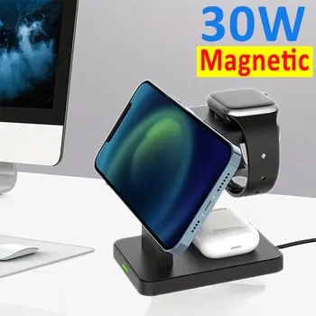 30W 3 v 1 Magnetni Brezžični Polnilnik Stojalo Za iPhone 15 14 13 12 Pro Max Apple ura 8 7 6 Airpods Pro Hitro polnilno Postajo