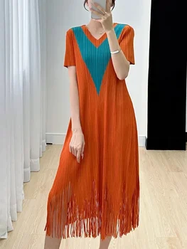ALSEY Miyake Naguban Tassel Kratka Sleeved Obleko za Ženske Poletje Novo Modno Oblikovanje Sredine Dolžina Barva Blok Temperament Obleke