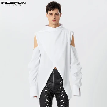 Ameriški Stil Novo Mens Moda Navzkrižno Design Majice Osebnost Ramenski Trdna Votlih Dolg Rokav Bluzo S-5XL INCERUN Vrhovi 2023