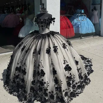 ANGELSBRIDEP Črna Princesa Obleke Žogo Quinceanera Obleke 3D Cvetje Off Ramo Čipke Appliques Kroglice Vestidos De 15 Anos