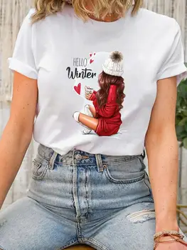 Aparat za Ljubezen Slog Srčkan Tee Vrh Dama Božič Novo Leto, Kratek Rokav Natisniti Moda za Ženske Majica Oblačila Oblačila Graphic T-shirt