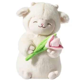Bele Volnene Lutka z Stalnega Držo, Lepe Ovce, Kawaii Roza Jagnje, Super Mehka, ima Cvetje, Kawaii Darilo, 27 cm