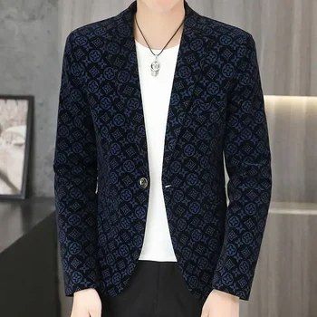 Boutique Moda za Moške Elegantni Gentleman Udobje Tiskanja Velvet korejski Različico Business Casual Britanski Stil Slim Fit Jopič