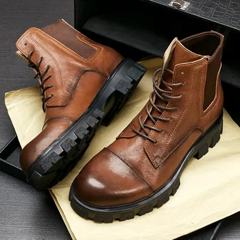 Cowhide moške visoko-top moda platforma čevlji Mladi čipke-up modni čevlji za Jesen in zimo priložnostne gleženj škornji