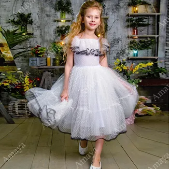 Cvet Dekleta Obleke za Poroko Linije Polk Dot brez Rokavov Praznik Rojstni dan Dekle Božič Oblek