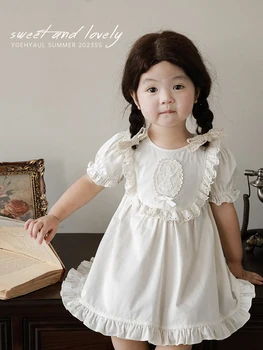 Dekliški Cvet Bud Rokav Princesa Obleko Poletje 2023 Modi Otrok korejski Čipke Obleko