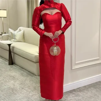 Eleganten Dolg Visoko Vratu Rdeče Večerne Obleke Tulec Saten Muslimanskih Dolžina Tal Haljo De Mariée Stranka Obleke Za Ženske