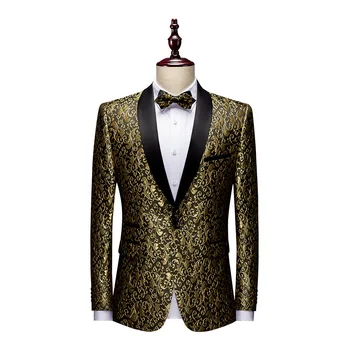 (Ena Jopič) Luxury Gold Moški Suknjič Poslovne Stranke Jacquardske Plašč Moda Cvjetnim Tiskanja Jopič Uspešnosti Slim Fit Kostumi