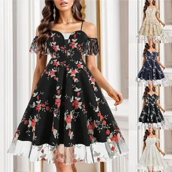 Evropski In Ameriški Meji V Vratu Suspender Kratek Rokav Težka Industrija Vezenje Obleko 50S Haljo Femme Vestido cvetlični obleko