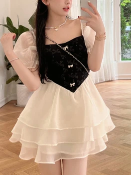 Francija Elegantno Sweet Oblačenja Žensk Seksi Stranka Mini Obleke, Casual Mozaik Počitnice Visoko Pasu Korejski Modna Ženska Obleka Za Poletje