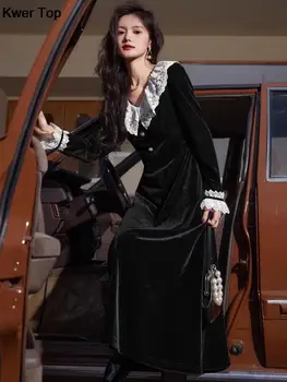 Francija Letnik Večer Stranka Žametno Obleko Ženske Eleganten Čipke Mozaik Y2k Črne Obleke Jeseni, Pozimi Korejski Moda Vestidos