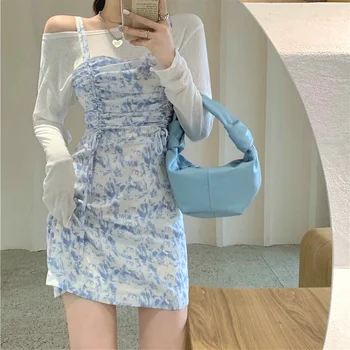 Francoski Elegantno Y2k Mini Obleka Ženske Slim Tie Dye Trak Cvetlični Obleko Korejski Moda 2021 Poletni Zabavi Na Plaži 2 Delni Komplet Ženske