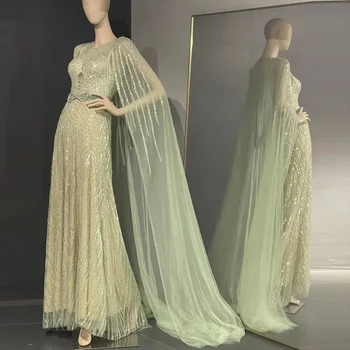 GiayMus je Dejal Mint Green Luxury Dubaj Večerne Obleke z Cape 2024 Elegantno Beaded arabski Ženske Dolgo Poročno zabavo Obleko
