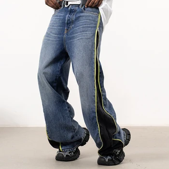 Harajuku Strani Dolgo Zadrgo Mozaik Oprati Modro in Črno Vrečko Jeans za Moške Ulične Y2k Ropa Hombre Priložnostne Traper Hlače