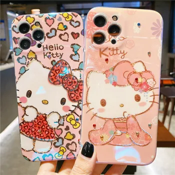 Hello Kitty Sanrio Roza Bleščicami nosorogovo laser Primeru Telefon Za iPhone 14 13 12 11 Pro Max Xr Xs Max 7 8 14 Plus primeru srčkan Pokrov