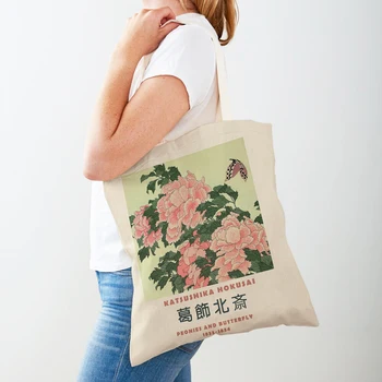 Hokusai Ohara Koson Ženske, Nakupovalne Torbe Dvojni Tisk Japonska Povzetek Priložnostne Varovanec Vrečko Damo Platno Tote Cvet Potovalni Torbici