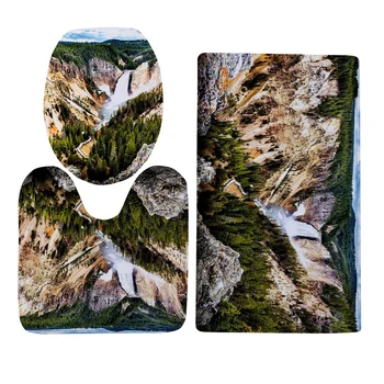 HX Moda Wc Pokrov Nastavite Yellowstone Park Gozd Slap 3D Flanela Tri-kos Wc U-shaped Preprogo Preprogo Dropshipping