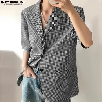 INCERUN Vrhovi 2024 korejskem Slogu Nove Moške Mode Kariran Design Obleko Coats Priložnostne Ulične Moški River Kratka Sleeved Jopič S-5XL