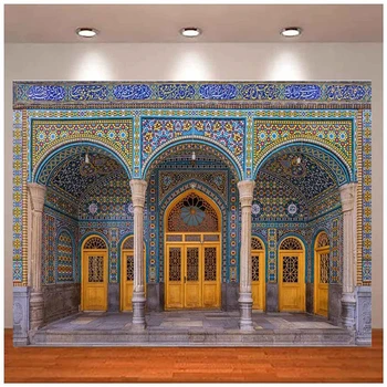 Islam Mošeje Scensko Ozadje Kamnita Tla In Steber Arch Vrata Les, Vrata Pisane Staind Steni V Ozadju Za Arabski Kulturni