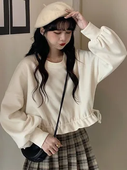 korejski kawaii hoodies Ženske trdna tanke Majica obreži zgoraj priložnostne vrvico Dolg Rokav O Vratu ženska oblačila mlada dekleta Vrhovi