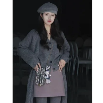 Korejski Moda Proti-vrat Telovnik za Ženske Jeseni in Pozimi Nove Dolgo Cardigan Hujšanje Pulover Dva-delni Set Ženska Oblačila