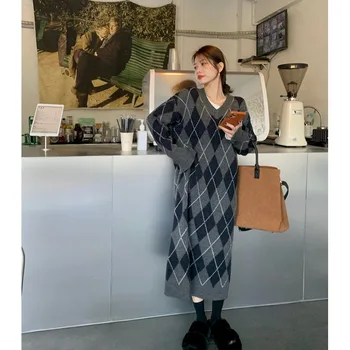 Korejski Slog Internet Slaven Rhombus Pulover Obleko Žensk Jeseni Leta 2023 Nova Zasnova Smislu, Proti-vrat Svoboden Mid-Dolžina Obleko