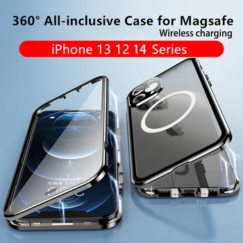 Kovinski Magnetno Ohišje za iPhone 14 13 12 11 Pro Max Magsafe Brezžično polnjenje 360° Zaprti Stekleni Padec preventio zaščitni pokrov