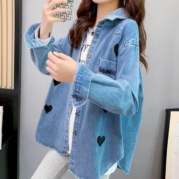 Majice za Ženske Polo vratu korejski Moda Prevelik Modrega Jeansa Bluzo Trdna Dolg Rokav Sredi Dolžina Priložnostne Ohlapno Fit zgornji deli oblacil Ženske