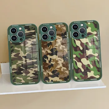 Maskirnim Vzorcem Camo vojaške Vojske Telefon Primeru Vijolična Zelena Stekla Za iPhone 13 14 12 11 Max Pro Plus Mini X XR 8 7 6s Pokrov