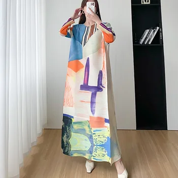 Miyake Slog Nabrano Obleko za Ženske 2023 Poletje Moda Tiskanja Krog Vratu, Ohlapno Plus Velikost Priložnostne A - Line, Luxury Večerne Obleke