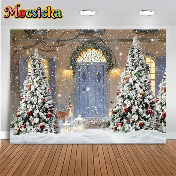 Mocsicka Zimo Božič Praznujejo Dekoracijo Fotografija Ozadje Snežinka Rumena Lučka Hiša Vrata Kulise Studio Photobooth