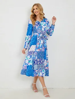 Modra Natisnjeni Dolgo Oplaščeni Obleko Luksuzni 2023 Jeseni Novo Temperament Proti-vrat Hujšanje ženska Oblačila Elegantno Krilo Srednje Dolžine