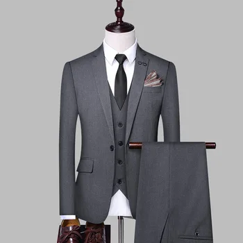 Moške Poslovne Obleke, Hlače Sklop 3 Kos (Blazer+Hlače +Telovnik) Siva Elegantno Poročno Zabavo Oblačila Pisarna Moški Barva Slim Suknjič Set