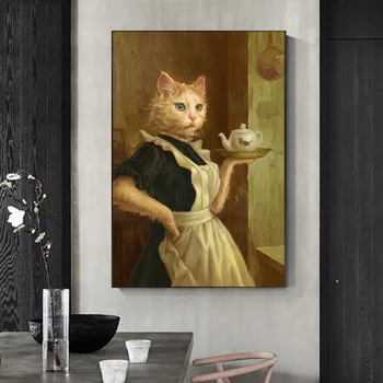 Muca Devica Mačka Poosebljenje Plakati Wall Art Platno Natisne Retro Smešno Živali Slike za Dnevni Sobi Doma Dekor Slike
