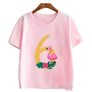 Novo Flamingo S Številko od 2 do 9 Natisnjeni Dekleta Roza majice za Otroke za Rojstni dan Oblačila Otroška Ustvarjalna Priložnostne Vrhovi