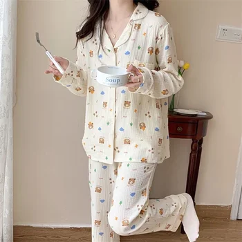 Novo Style100%Bombaž Gaza Pižamo za Ženske Nosijo Tiskanja Pijamas Pižame z Dolgimi Rokavi 2 Kos Ženski Komplet Modni Prijetno Prosti čas Obrabe