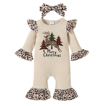Oblačila za dojenčke Leopard Tiskanja Oblačila, ki Božično Dolgo Sežgati Rokav O-vratu Jumpsuit Lok-vozel Glavo otroška Oblačila Set