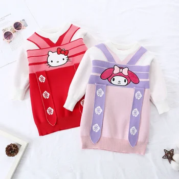 Otroci Oblačila za Dekleta Kawaii Hello Kitty Melodijo Obleko Luštna Lok Princesa Pleteno Obleko Baby Dekle Risanka Pulover Obleko Knitdress