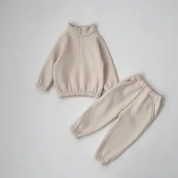 Otrok je korejska različica nove zimske obleko za fante in dekleta pol zadrgo stand-up ovratnik hoodie korzet hlače flis casua